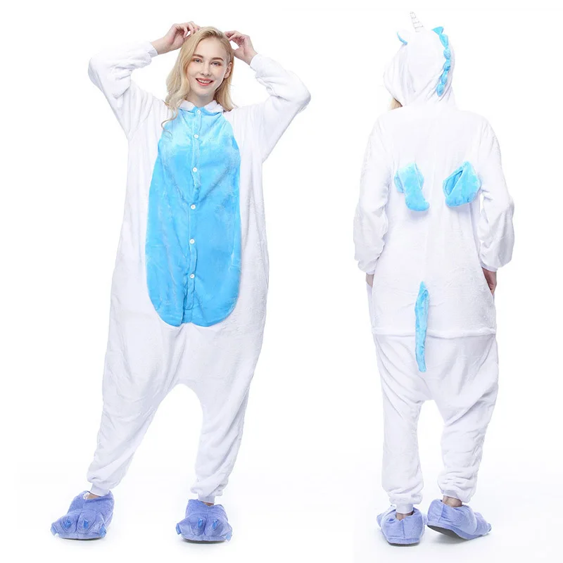 Blue Unicorn Рождество Пижамы Для Женщин Теплый Сгущает Зиму Пижамы Kigurumi Единорог Пижамы Синий Стежка Животных Симпатичные С Капюшоном Унисекс Взрослых Домашней Одежды - Цвет: Blue Unicorn