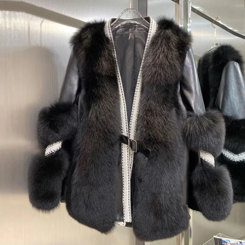 

Winter New Real Fur Fox Fur Coat Woman Natural Fox Jacket Belt Sleeve Stitching Sheep Skin Fashion Coat Fashion Korean Style