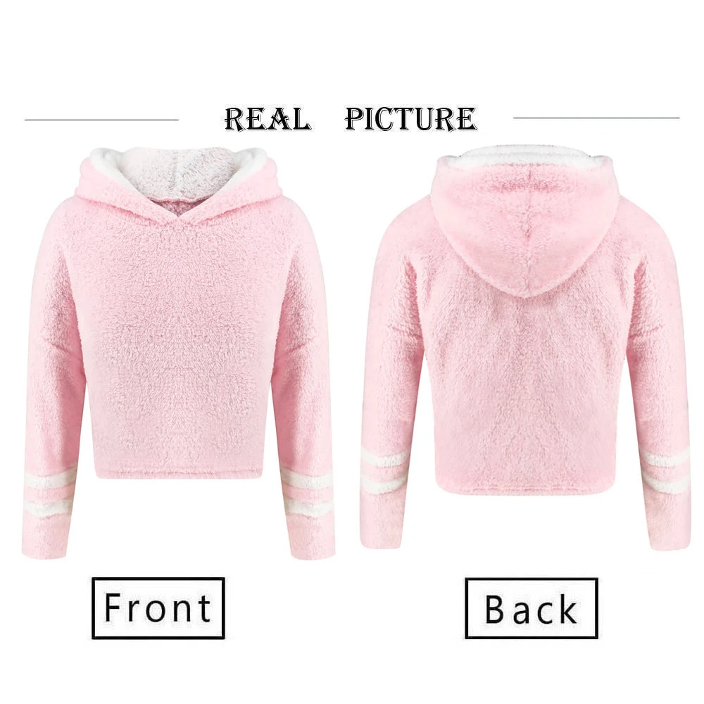 

Nice Casual Hooded Patchwork Cropped Hoodies Autumn Winter Black Brown Pink Wine Red Pullover Women Thick Warm Tops Sweatshirt
