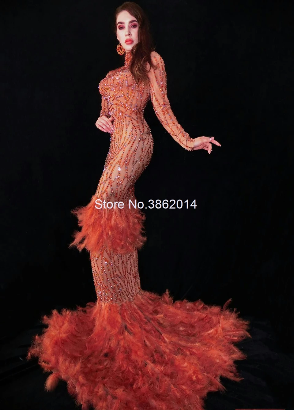 High Fashion Sparkly Rhinestones Feather Dress Full Stones Long Tail Women Evening Prom Birthday Celebrate Party Dresses | Женская