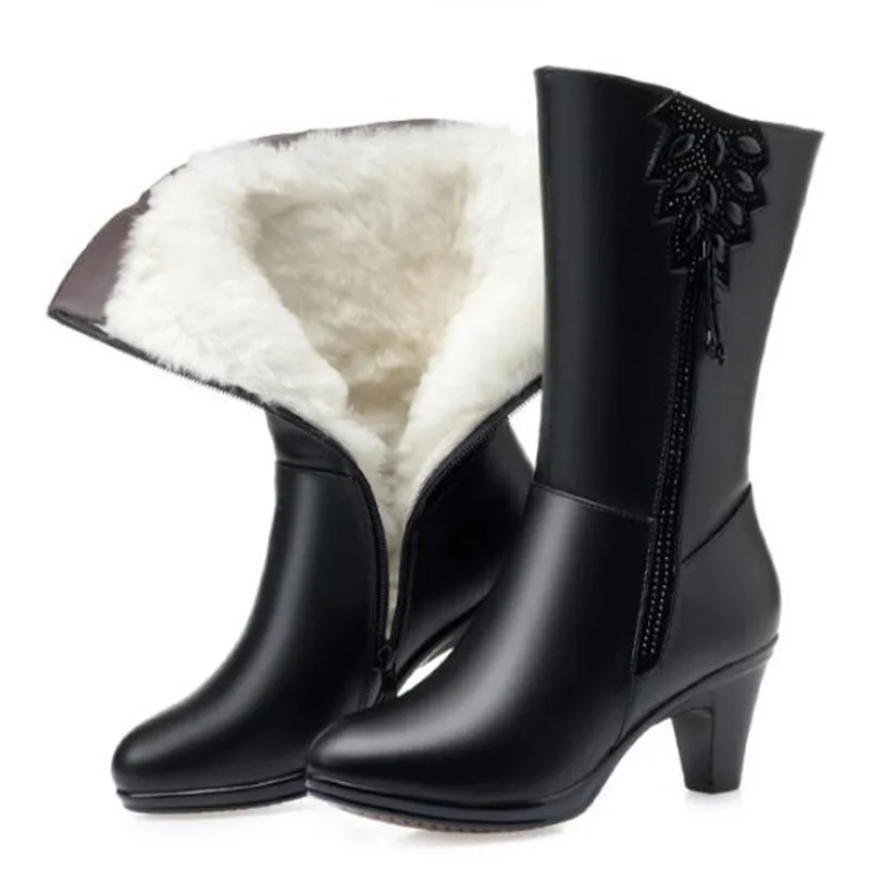 

2022 High End Rhinestone Tassel Genuine Leather Boots Women Shoes Fashion Boots Winter Warm Snow Boots Inside Plush Wool Boots