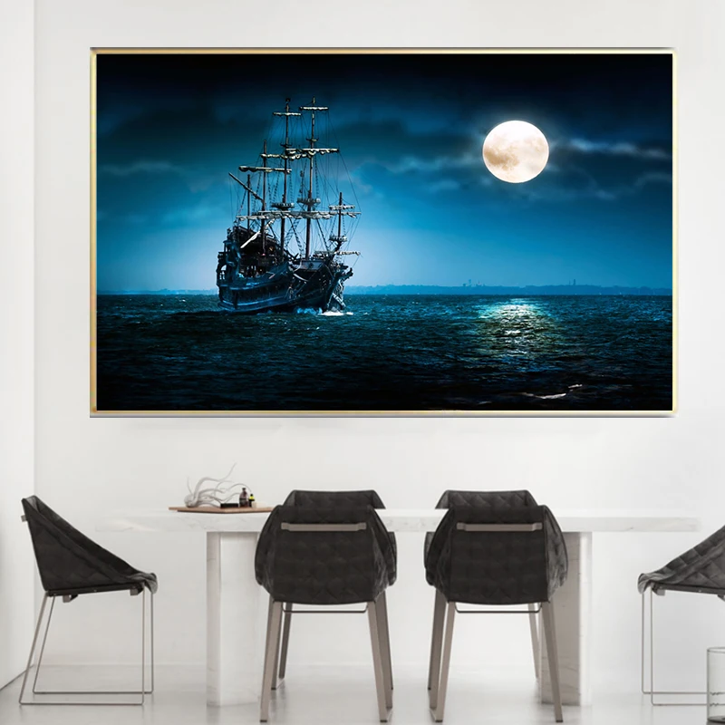 Картина в скандинавском стиле с изображением Луны ночного корабля океана