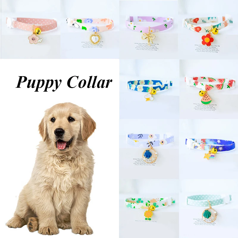 

Small Fresh Dog Cat Collars Printed Collar with Pendant Bells Polyester Exquisite Pet Collars Adjustable Anti-lost Pet Supplies