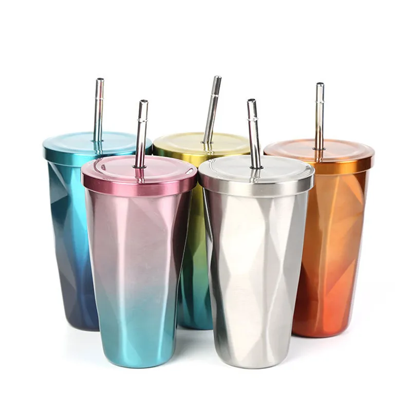 

500ml/17oz Double Wall 304 Stainless Steel Coffee Bottle With Straw to Go Cold Beer Cup Insulated Water Tumbler Mug Travel