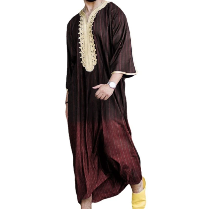 

634C Ramadan Fashion Caftan Muslim Sets Abaya Man Shirt Youth Qamis Homme Loose Casual V-neck Solid Color Islamic Clothing
