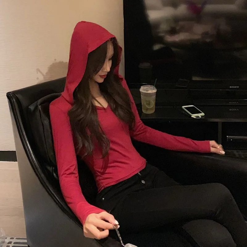 Женская футболка с капюшоном X облегающая Однотонная в простом Корейском стиле V
