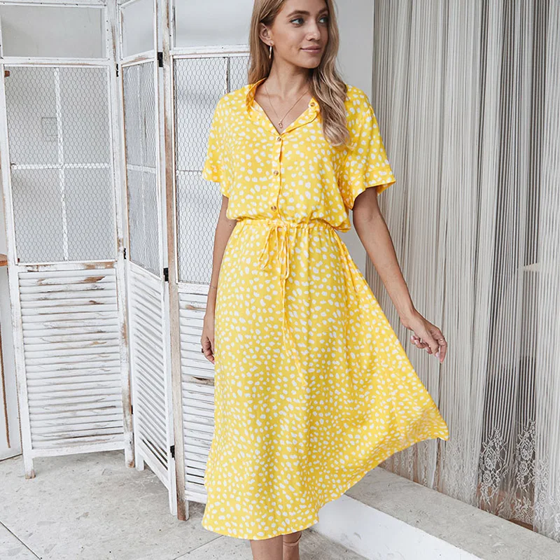 Платья Летняя женская одежда 2020 в горошек Леопардовый пояс модное однобортное