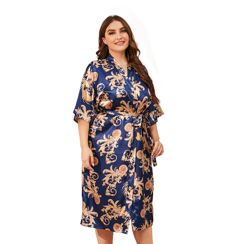 

Oversize 3XL 4XL Satin Print Women Robe Nightdress Silky Kimono Bathrobe Gown Sexy Bridal Wedding Intimate Lingerie Nightgown