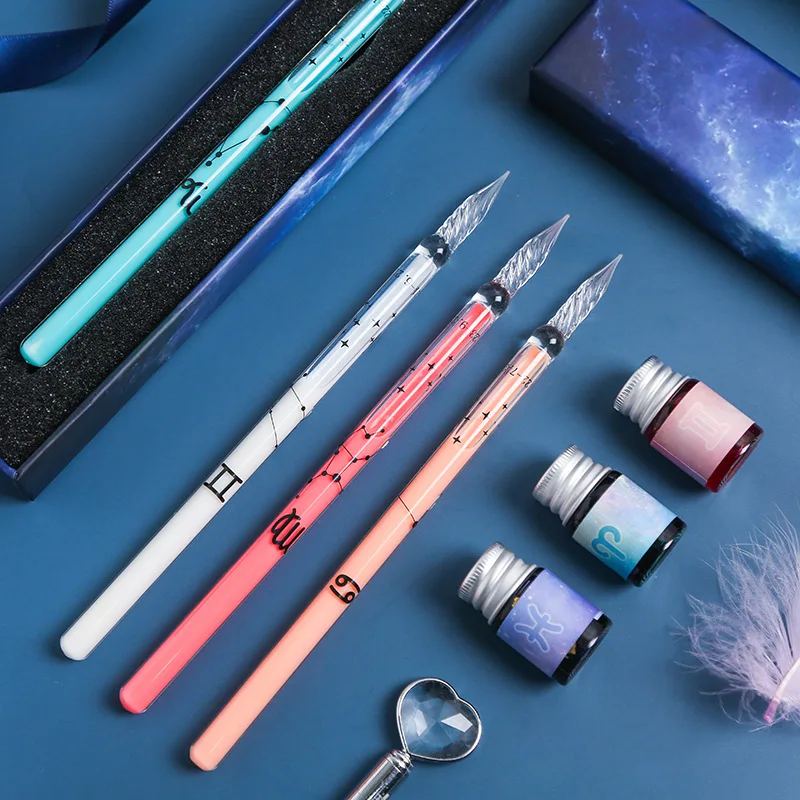 

1 Dip Pen Twelve Constellations Stationery Set Glass Student Writing Supplies Painting Gift Box