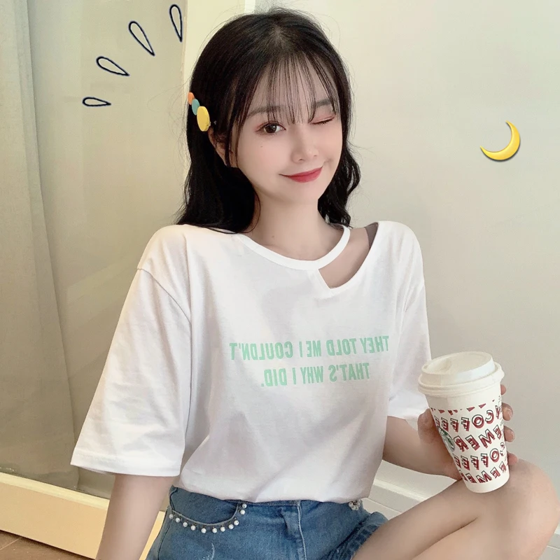 

Niche Design Collarbone Short-Sleeved T-shirt for Women Summer Loose Korean Ins Trendy Harajuku Style Strange Flavor Sweet