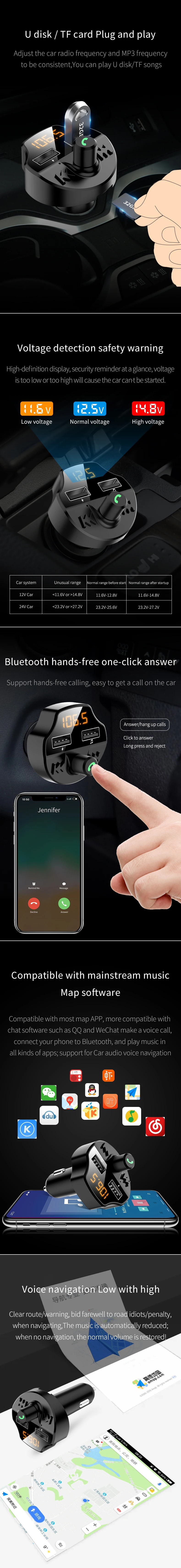 Автомобильный bluetooth 5,0 Handsfree Kit 3.1A быстрое USB зарядное устройство fm-передатчик аудио ресивер TF карта U диск тестер напряжения