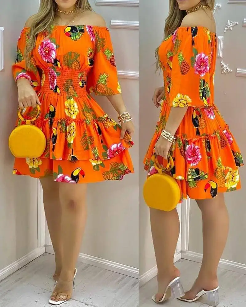 

2021 fashionable and elegant fruit print off-shoulder short-sleeved high-waist pleated A-line dress