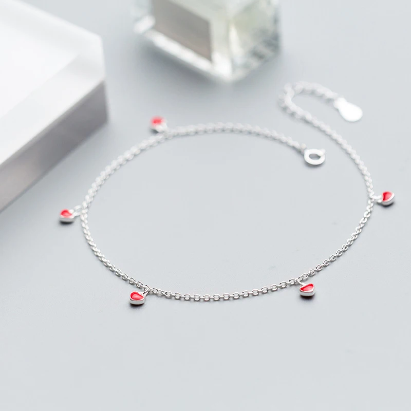 Trustdavis 925 Real Sterling Silver Fashion Women's Jewelry 5 Red Heart 21cm Sweet Anklets For Women Sterling Silver DS600
