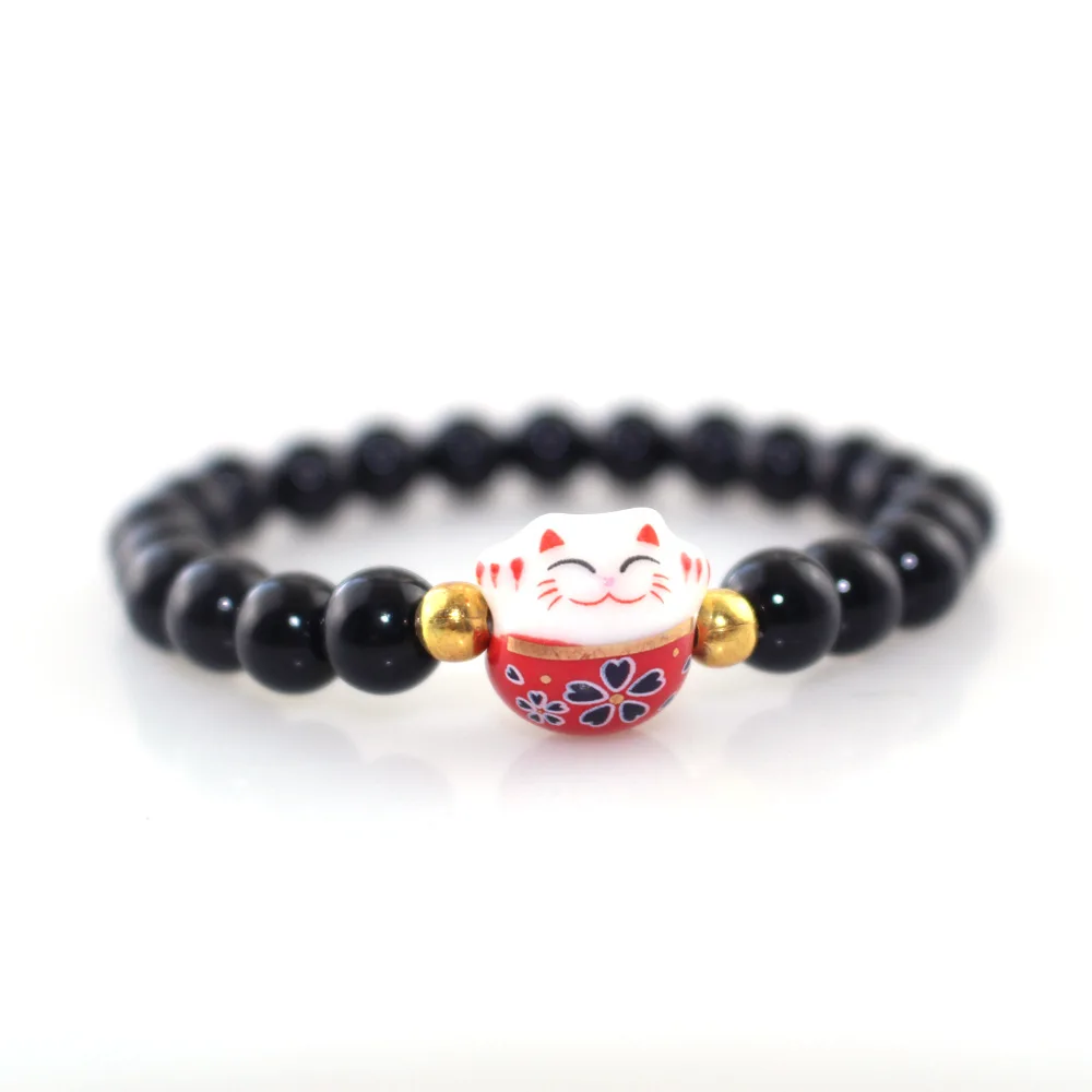 

Women Bracelets Obsidian Stretch Rope Natural Stone Beads Bracelet On Hand Ceramic Lucky Cat Cute Jewelry for Best Friend gift