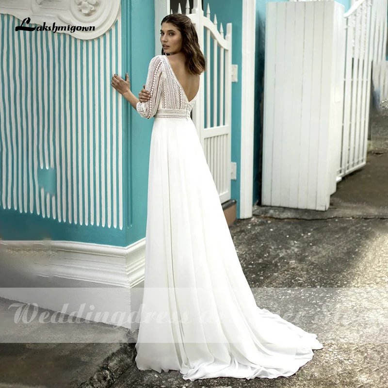 

Lakshmigown Cheap Boho Wedding Dresses with Sleeves vestido de novia 2021 Vintage Lace Bridal Dress Chiffon Beach Wedding Gown