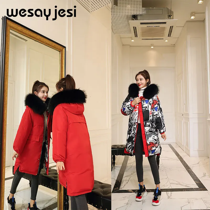 red and black Двусторонняя одежда, парка, пальто, Новые Длинные парки, пальто с поясом, теплая куртка с большим меховым воротником, пальто, повседневная женская зимняя верхняя одежда - Color: red and black