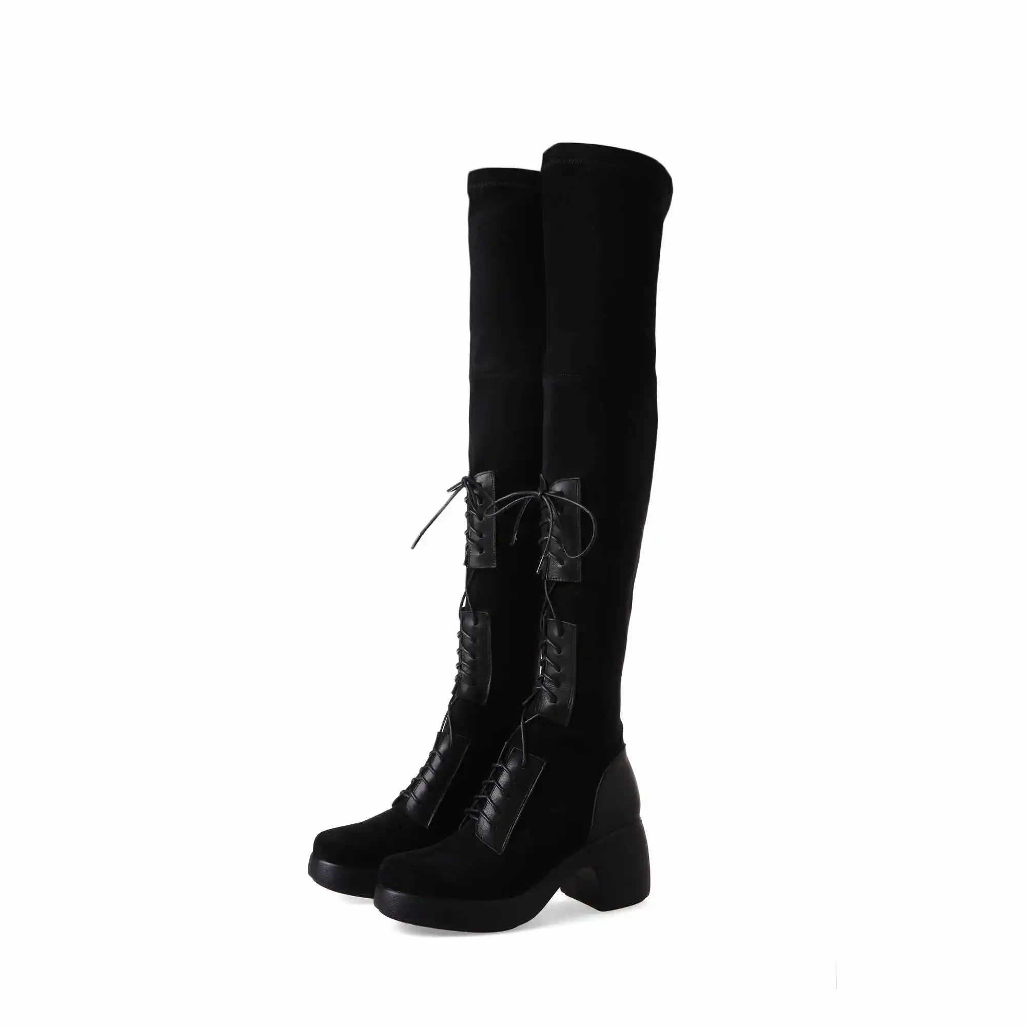 Lenkisen unique lace up stretch boots round toe high heels thick bottom winter keep warm women fashion over-the-knee boots L32