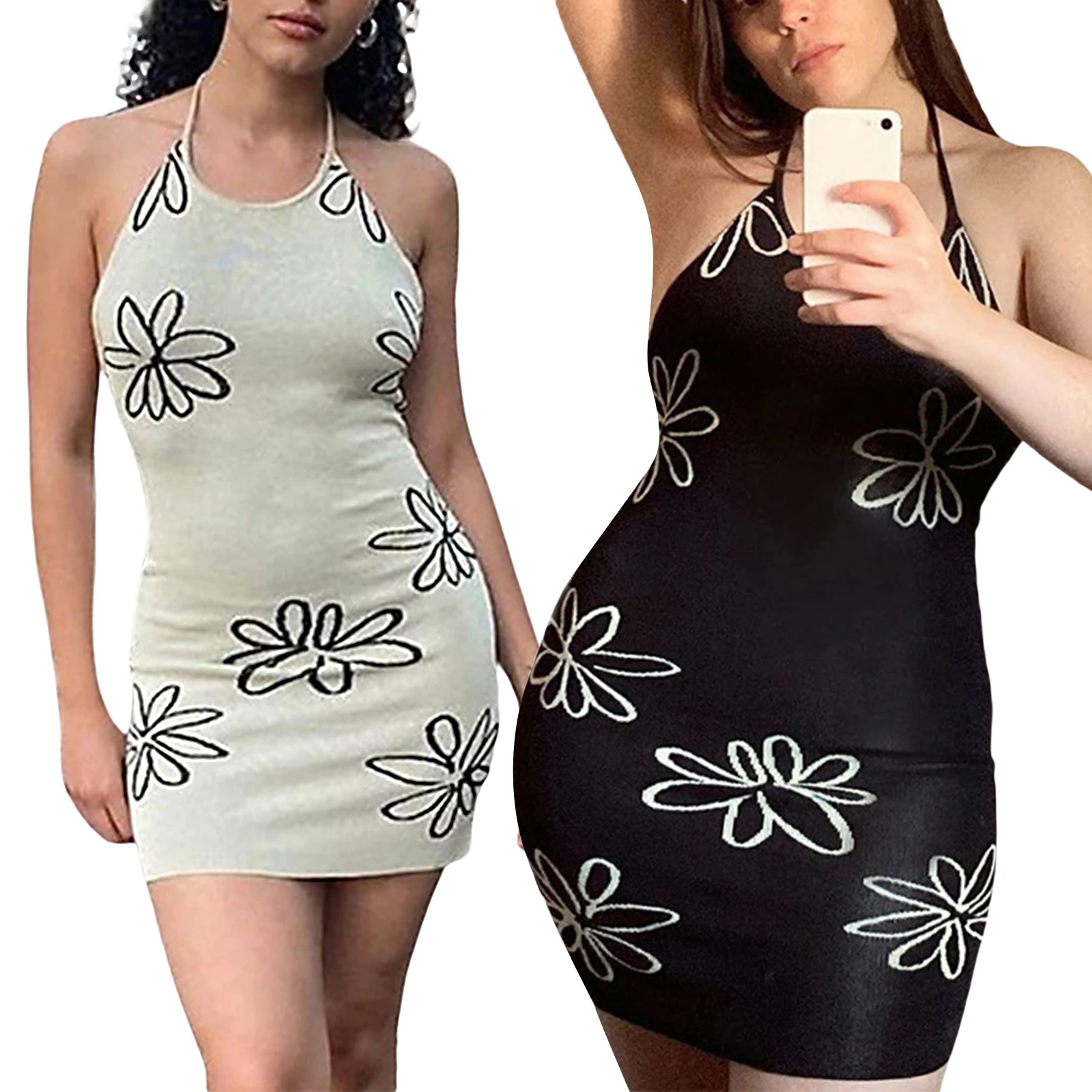 

Women Knit Halter Dress, Adults Slim Fit Tie Up Flower Print U-shaped Neck Summer New Fashion 2021