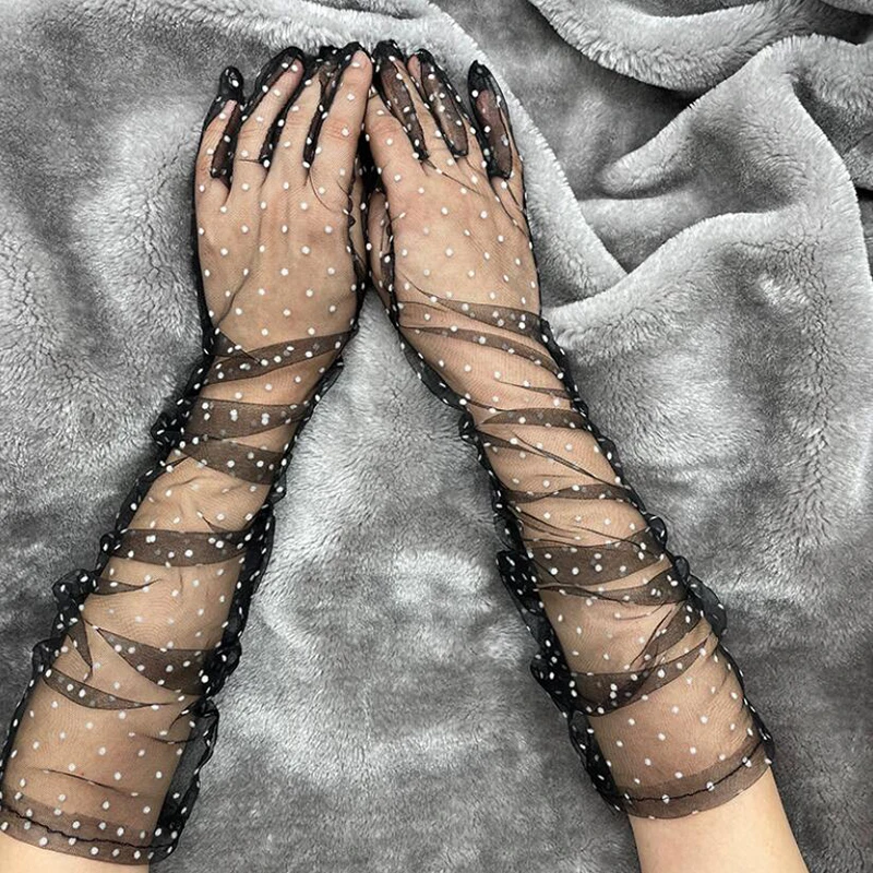 

Новинка, 1 пара Для женщин короткая фатиновая перчатки эластичные кружева пятна полный палец варежки сетчатые кружевные перчатки белого цв...