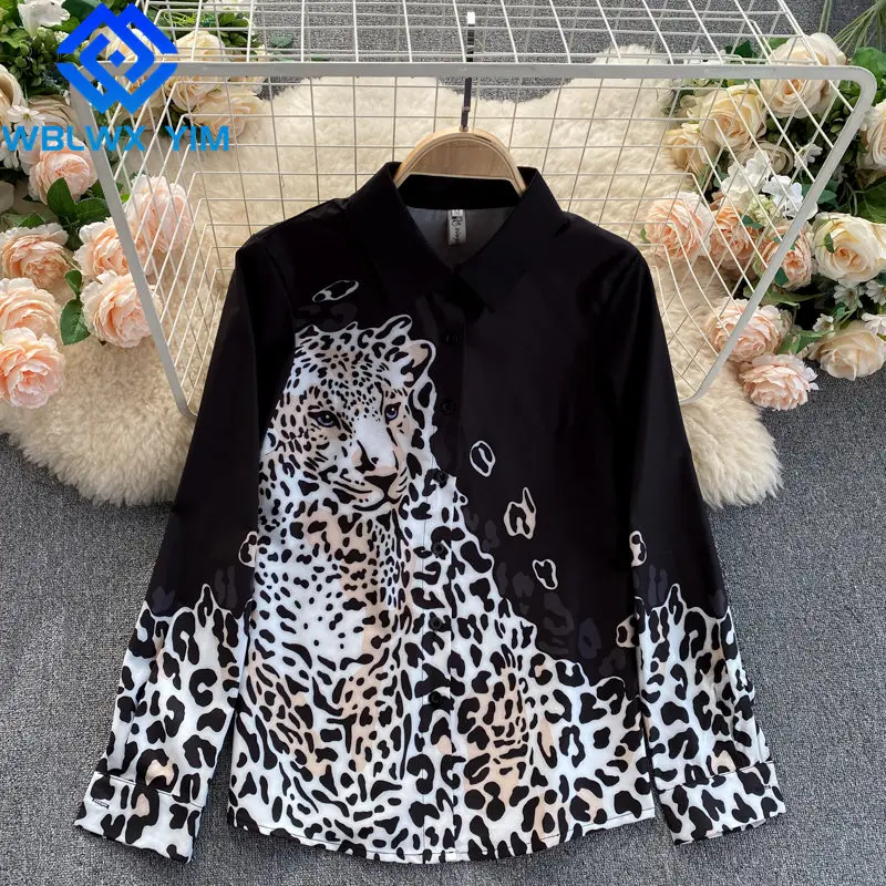 Фото Рубашка женская шифоновая с леопардовым принтом модный однобортный Топ