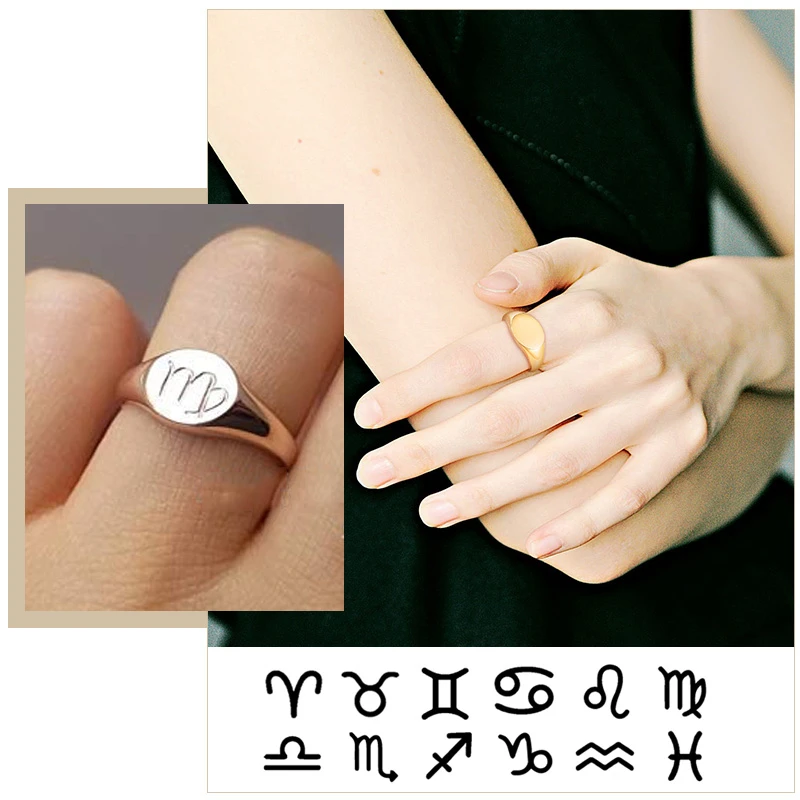 

Customize Oval Signet Ring for Women,Gold Color Stainless Steel Constellation Horoscope Aries Zodic Sign Ring,Initial Stamp Band