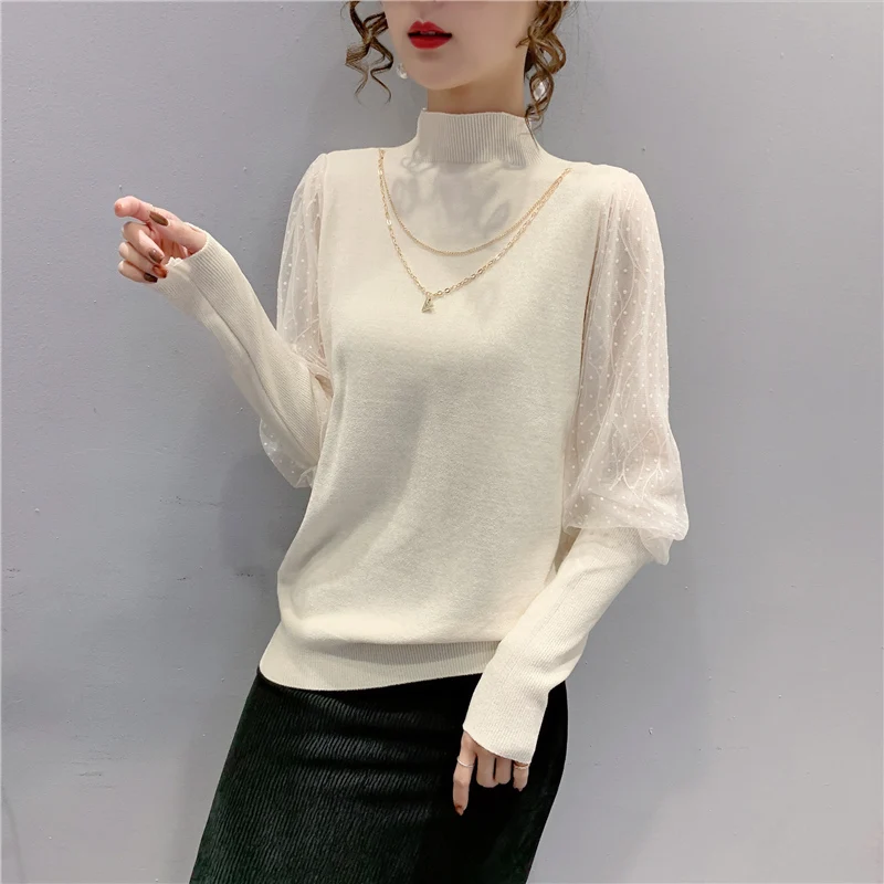 

19755 make velvet half white gauze high collar lace stitching knitwear 57