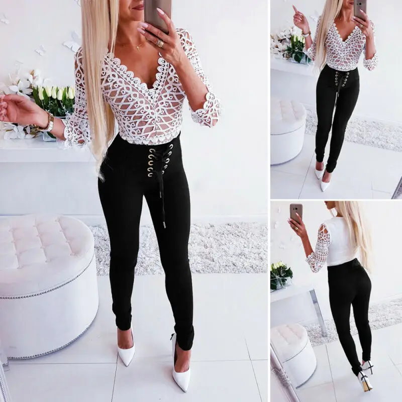 Плюс размер женские брюки с высокой талией бандажные длинные обтягивающие штаны