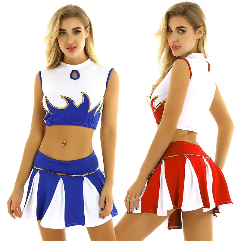 

2Pcs Womens Cheerleader Uniform Adults Cheerleading Uniforms Costume Mock Neck Sleeveless Crop Top with Pleated Shorts Skirt
