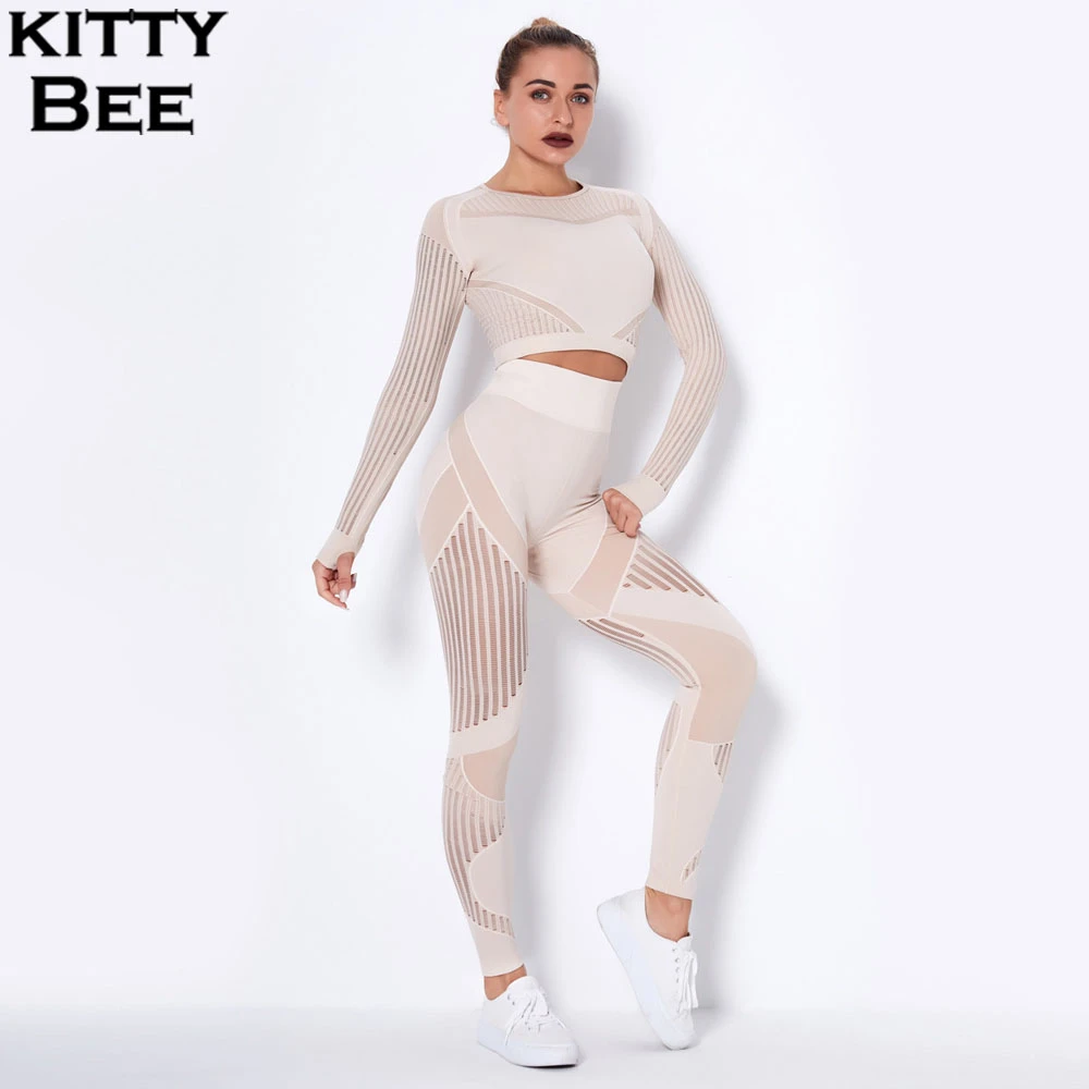 Gym Sport Set Women Mesh Yoga Set Workout Clothes For Women Long Sleeve Crop Top Sexy Seamless Leggings Women Fitness Clothing