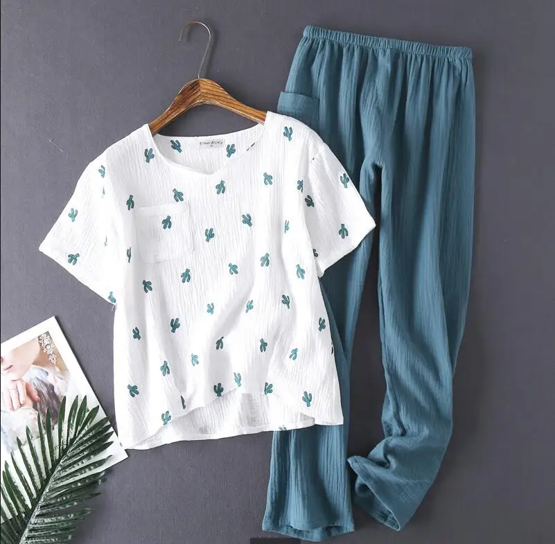 Женская Хлопковая пижама стирающаяся в воде Пижама длинные брюки с коротким