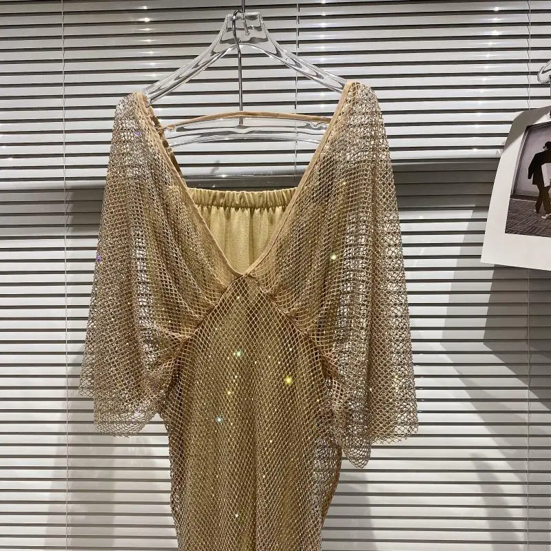 

2021 Spring New Rhinestone Shiny Mesh Large V-neck Shirt Inner Tube Top Dress Two-Piece Suit Dress Plus Size Party Dress