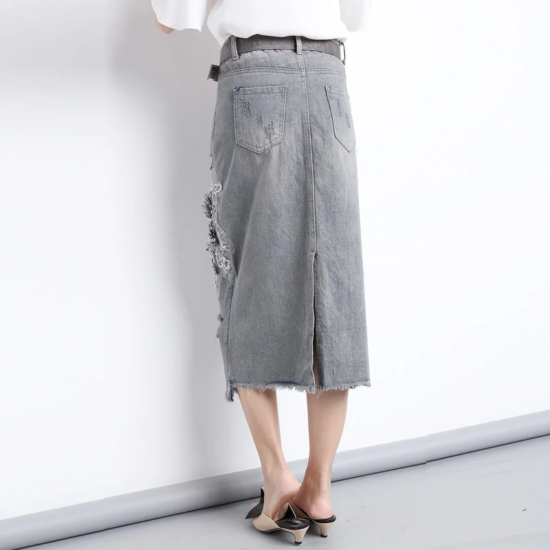 Flower Fashion Beaded Ripped Hole Denim Skirt Female Spring Summer High Waist Slim Fit A-Line Wrap Skirt Plus Size 4XL
