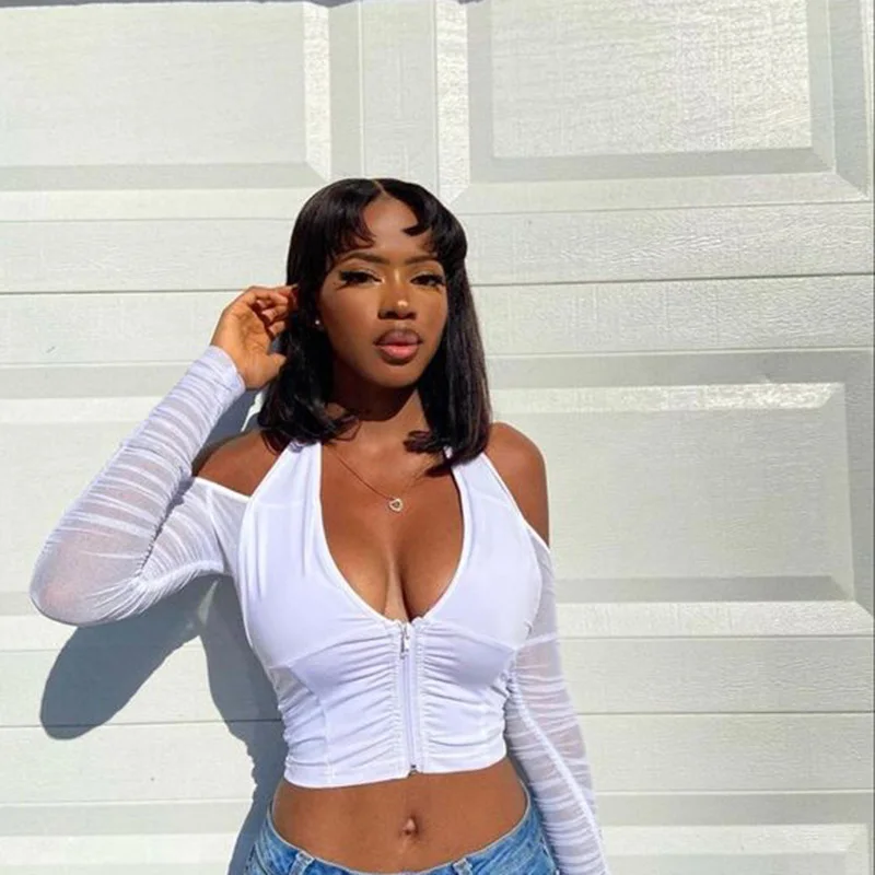 

Женская футболка с открытыми плечами, белый укороченный топ с глубоким V-образным вырезом, облегающий топ на молнии, прозрачная сетчатая Фут...