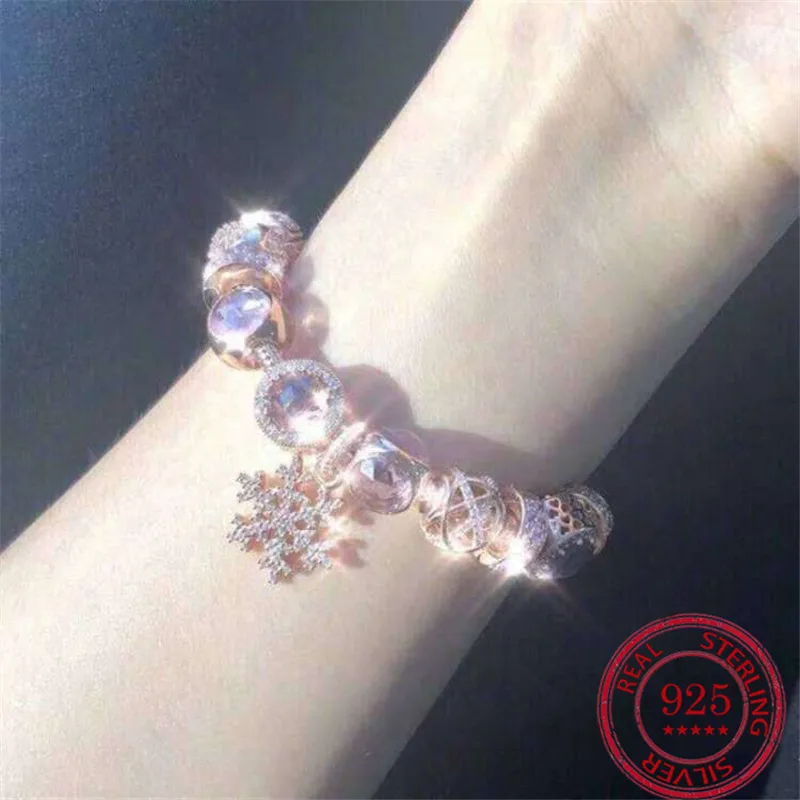 925 Sterling Silver Bracelet Rose Gold 18k Pink Cat Eye Snowflake Hanging Fixed Button Pendant Snake Bone Chain Set Female | Украшения и