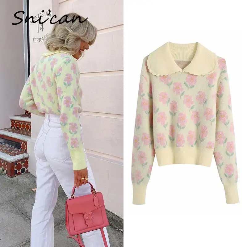 

Za Yellow Floral Knitted Pullover Turn Down Collar Autumn Winter Fashion Women Sweater 2021 Jumper Mujer Designer Jersey New