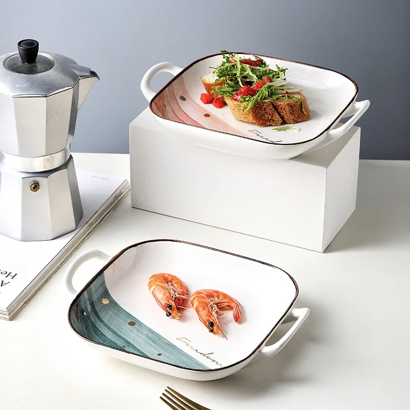 Северный золотой край квадратная керамическая тарелка Двойные Уши термостойкая