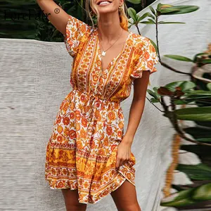 Женское короткое платье с цветочным принтом Forefair, летнее пляжное платье в стиле бохо с завязками на талии и v-образным вырезом