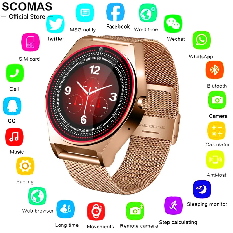 Смарт часы SCOMAS с сенсорным экраном и sim картой для мужчин женщин камерой Bluetooth