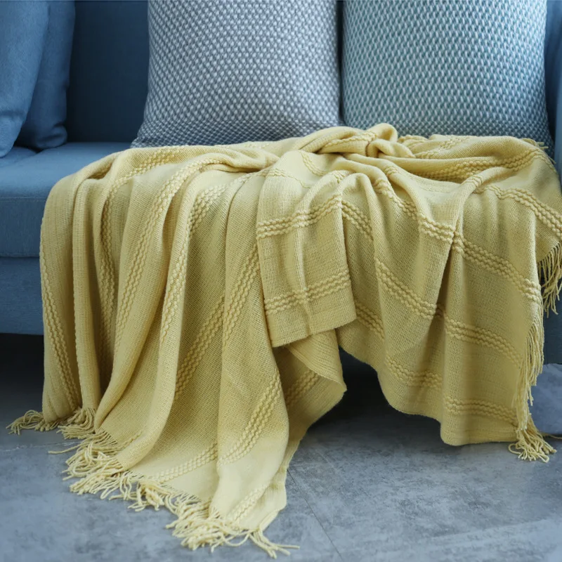 

Scandinavian Literature And Art Pinstripe Knitted Sofa Blanket Air Conditioning Blanket Bed Decoration Plain Nap Blanket