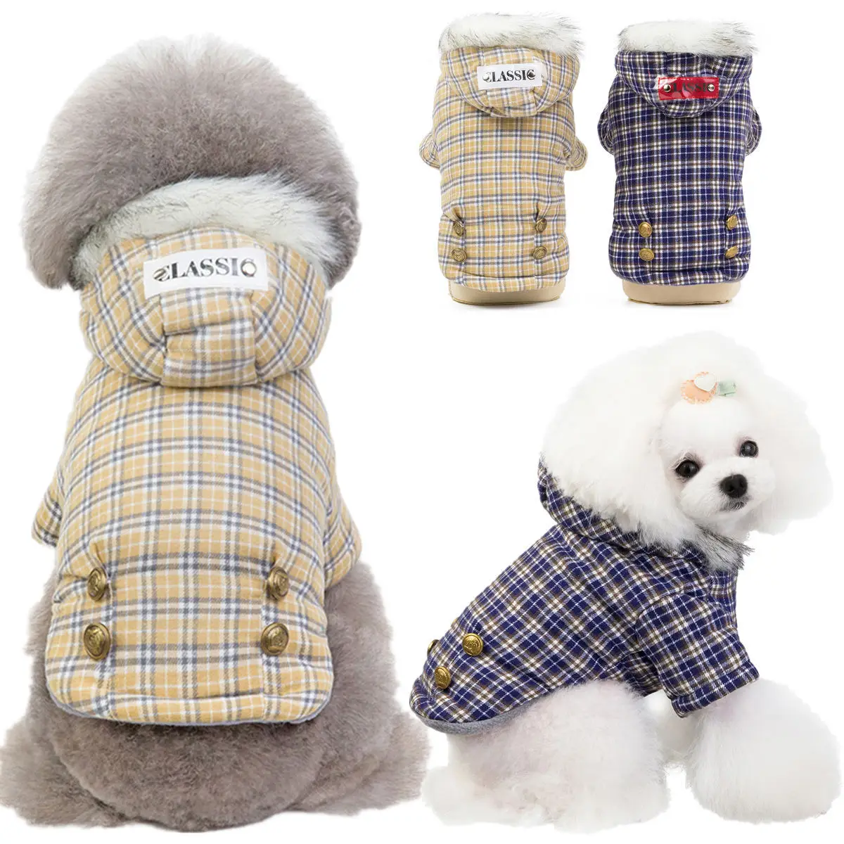 

Pet Clothes Teddy Plaid Cotton Padded Clothes Dog Fur Collar Jacket Puppy England Clothing Cold Weather Costume