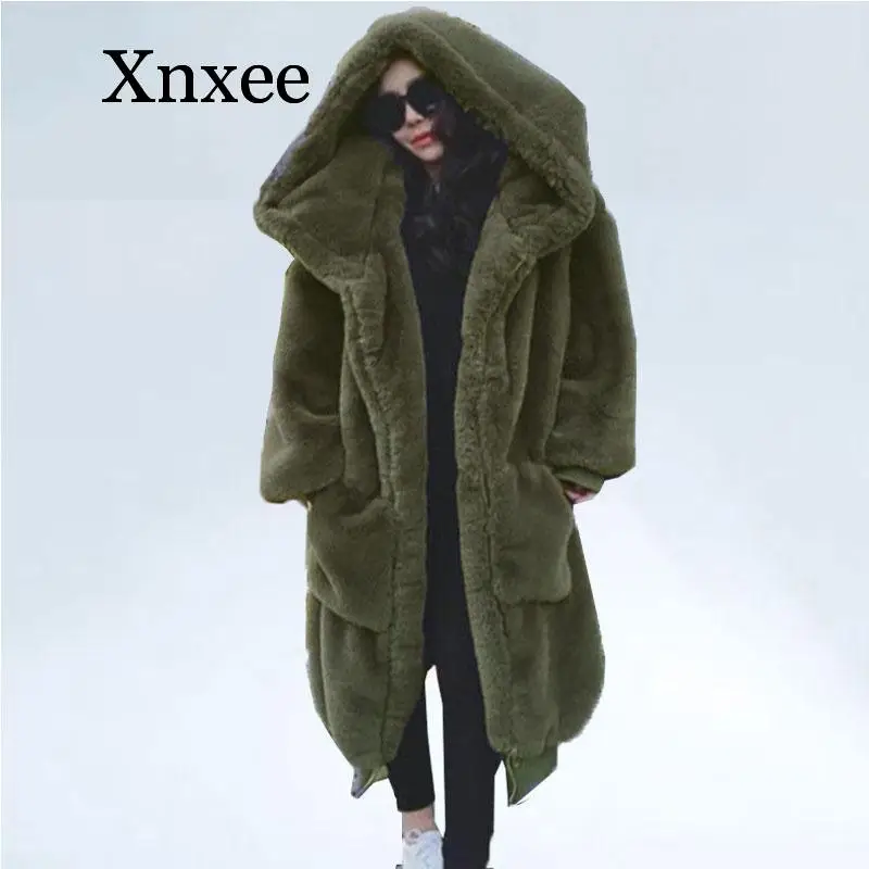Oversize Winter Faux Fur Coat Women Parka Long  Faux Fur Jacket Coats Hoodies Loose Winter Outwear casaco feminino army green