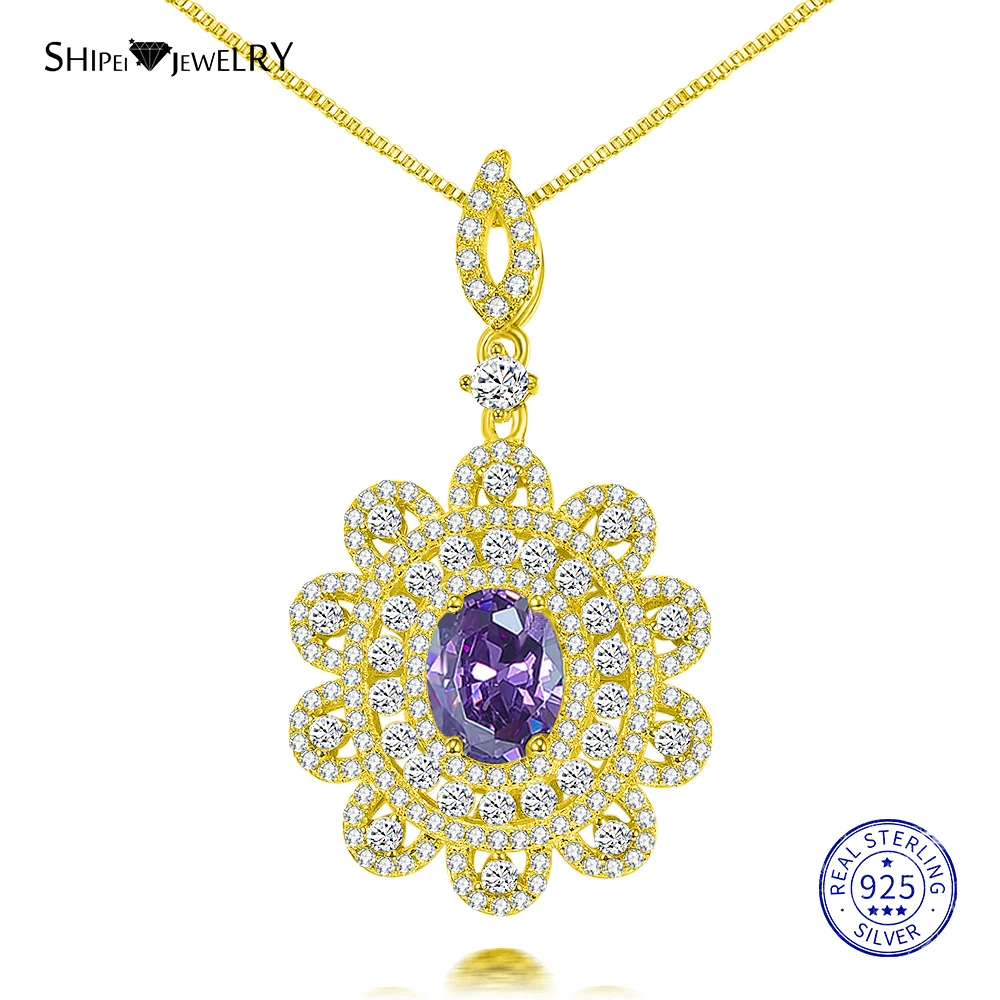 

Shipei 100% 925 Sterling Silver Necklace Yellow Gold Oval Sapphire Emerald Ruby Flower Pendant Necklace for Women Birthday Gift