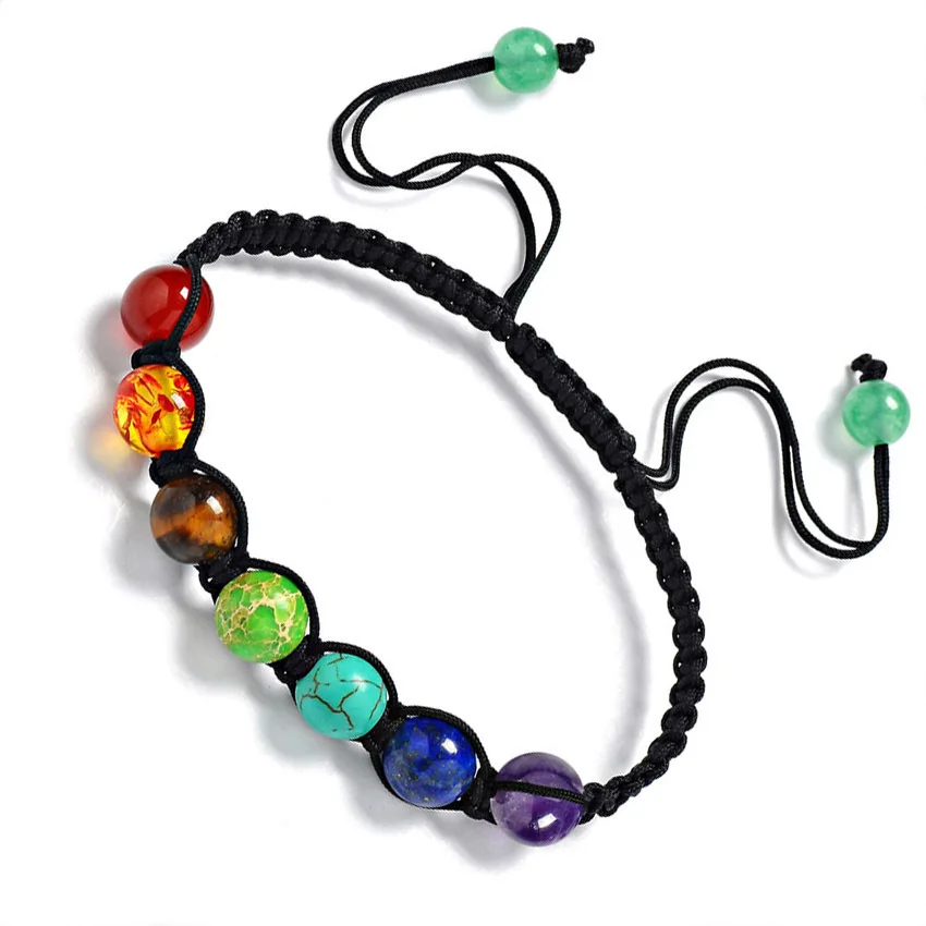 Amazon Горячая Chakras каменный браслет Радуга Красочные Йога энергии браслет с камнями Браслеты для женщин и мужчин