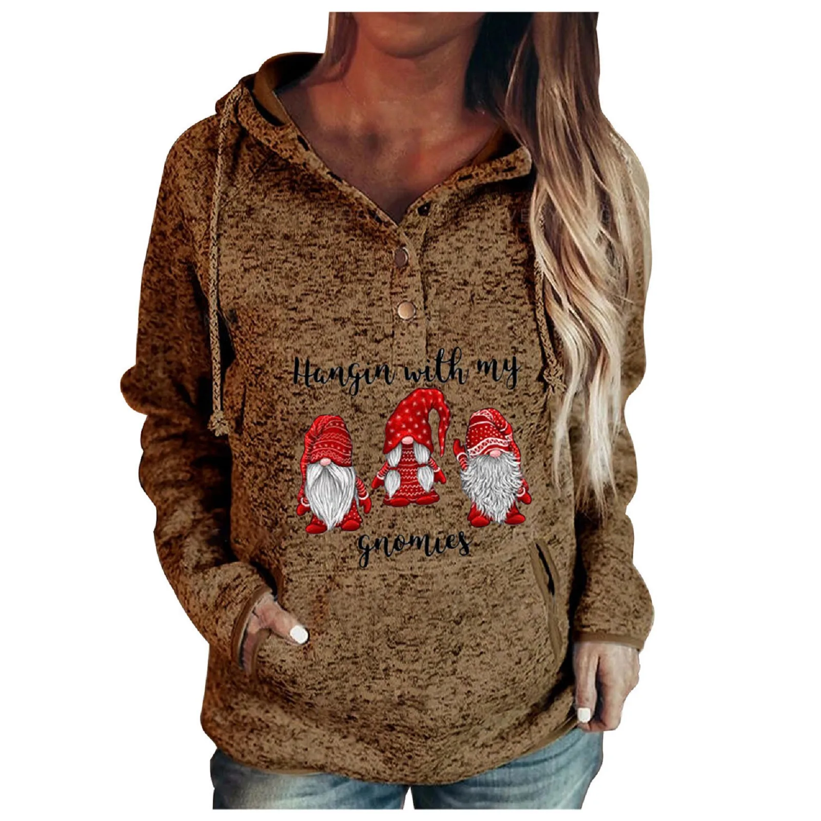 

Hoodies Women Buttons Collar Christmas Hooded Sweatshirt Pullover Pockets Drawstring Sudadera Mujer Invierno 2021 Sweatshirt