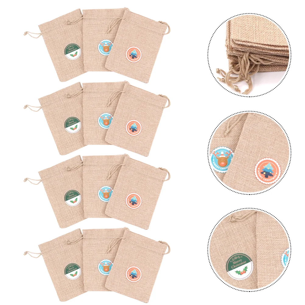 

12Pcs Christmas Linen Drawstring Bag Gift Pouch Drawstring Candy Packaging Bag