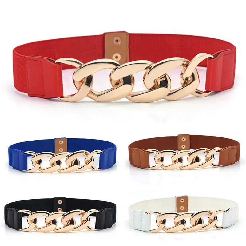 

Wide Women Waist Belt Gold Color Chain Ladies Dress Belt Fashion Coat Sweater Female Waistband Chain Buckle Stretch Cummerbunds