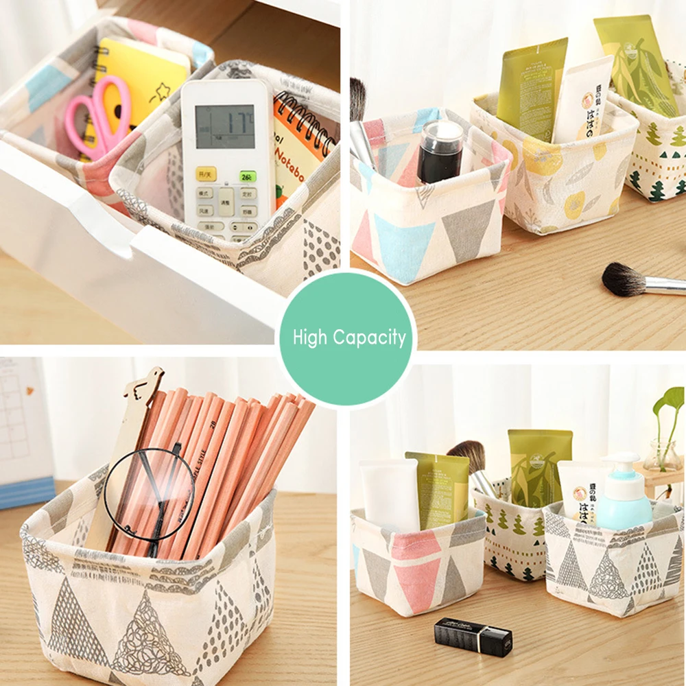 

Foldable Linen Desktop Storage Basket Sundries Storage Box With Handle Desk Makeup Organizer kitchen items storage bins