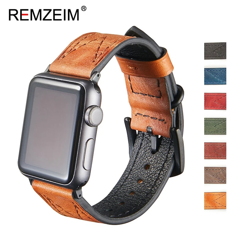 REMZEIM ручная работа винтажная натуральная кожа для Apple Watch band 44 мм 40 42 38 серия 5 4 3 2 1