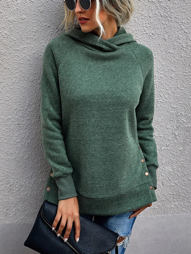 

Women Hoodies Fashion Solid Color Buttons Side Splite Hooded Jumper Casual Long Sleeve Autumn Winter Clothing Streetwear