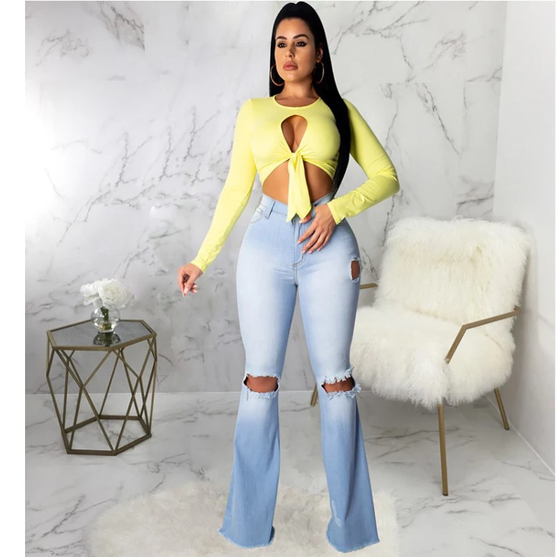 

2021 Autumn New Woman Jeans High Waist Ripped Flared Pants Gradient Color Fashion Outdoor Trousers Plus Size